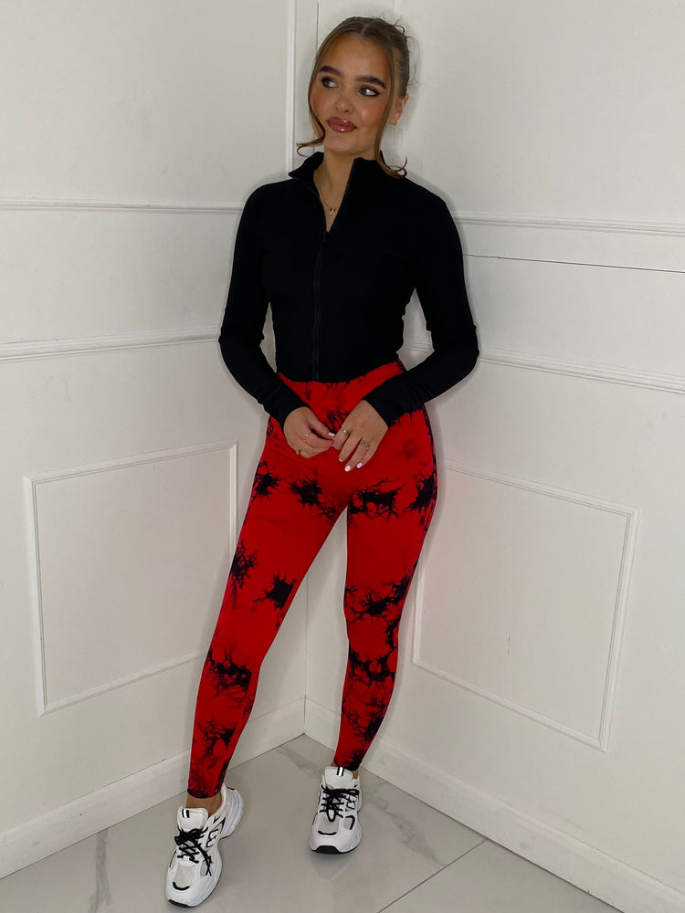 Ruched Bum Gym Leggings - Red Tie Dye