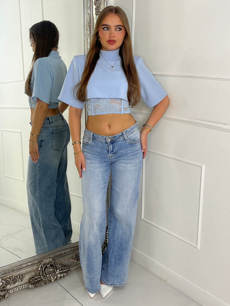 Padded Shoulder Cropped Tee With Lace Bra Underlayer - Baby Blue