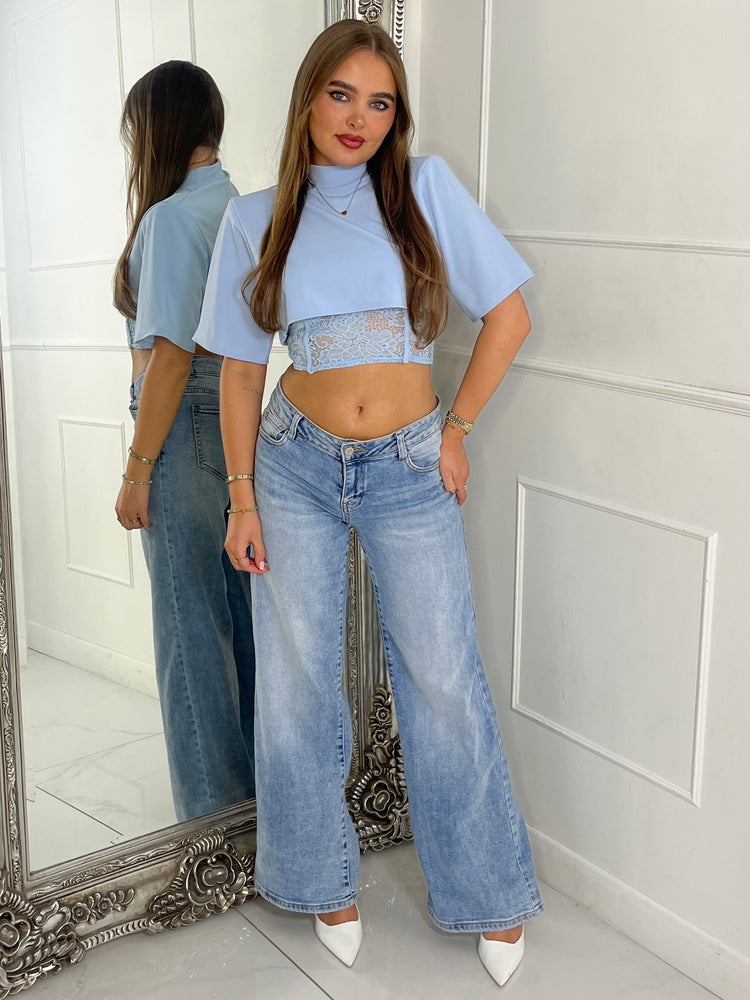 Padded Shoulder Cropped Tee With Lace Bra Underlayer - Baby Blue