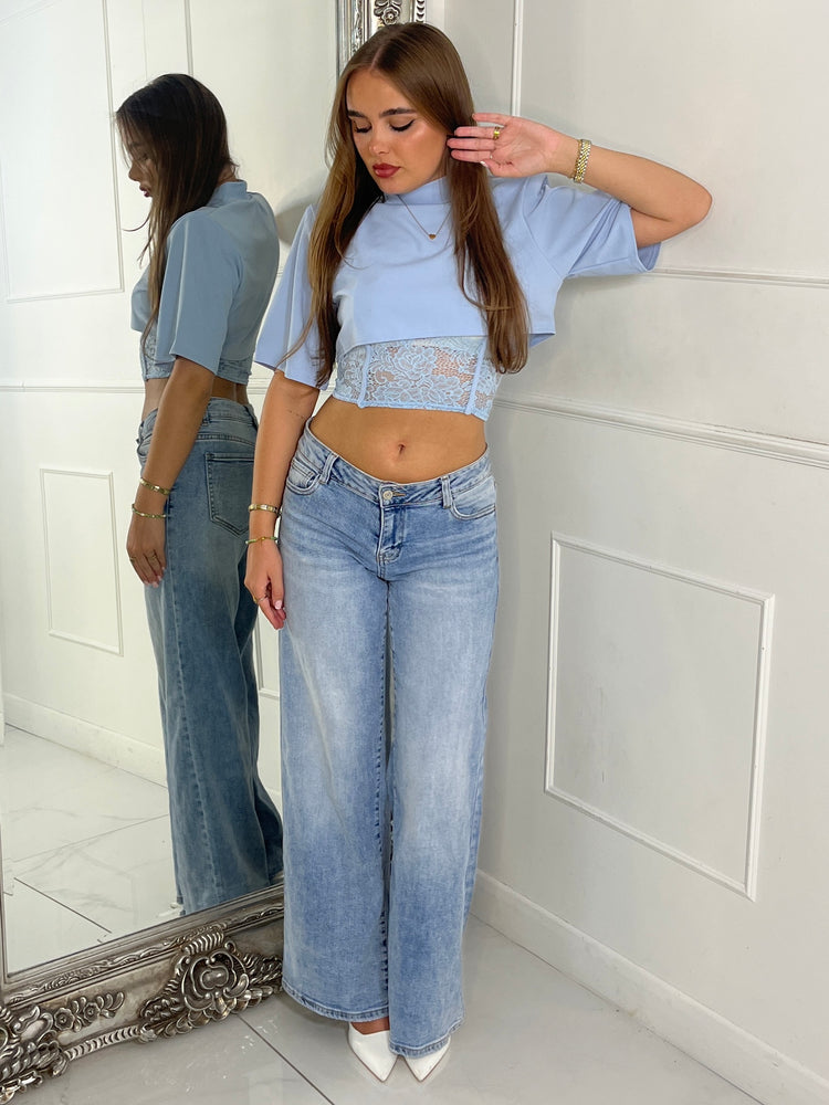 Padded Shoulder Cropped Tee With Lace Bra Underlayer - Baby Blue