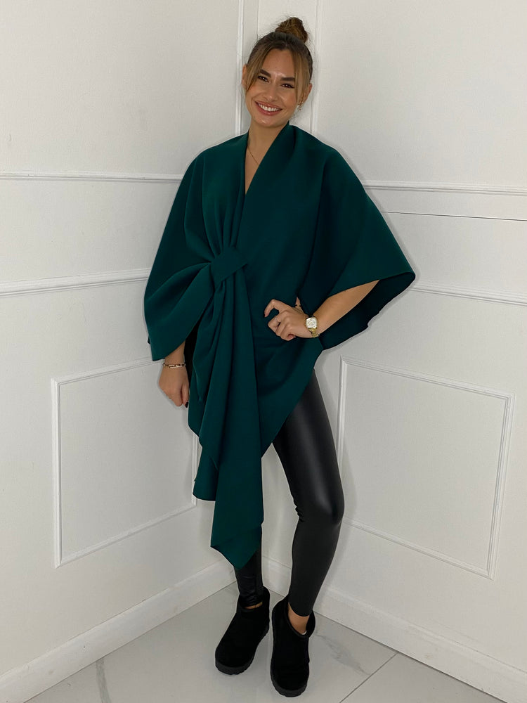 Drape Knot Detail Poncho - Green