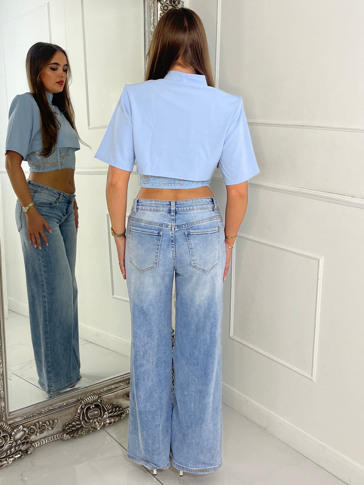 Padded Shoulder Cropped Tee With Lace Bra Underlayer - Baby Blue