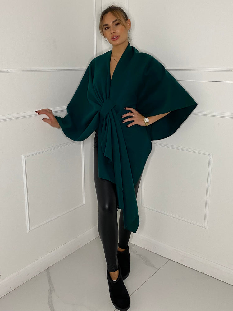 Drape Knot Detail Poncho - Green