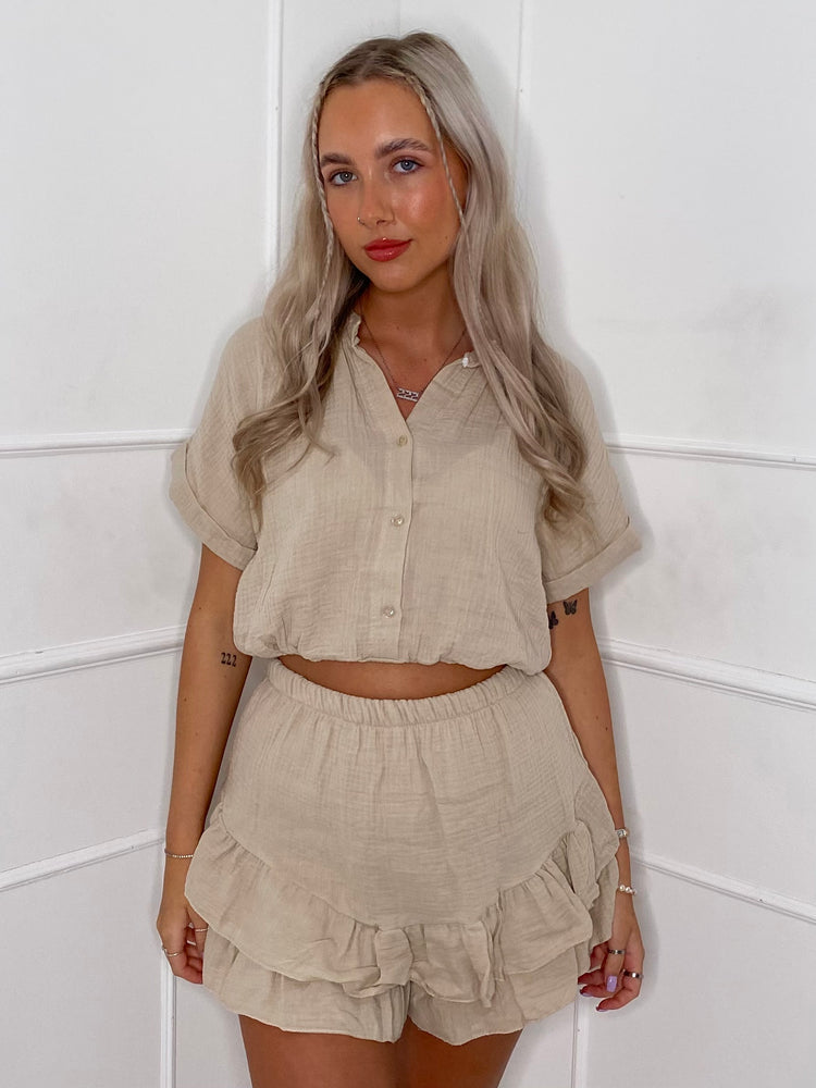 Button Up Frill Shorts Co-ord - Beige