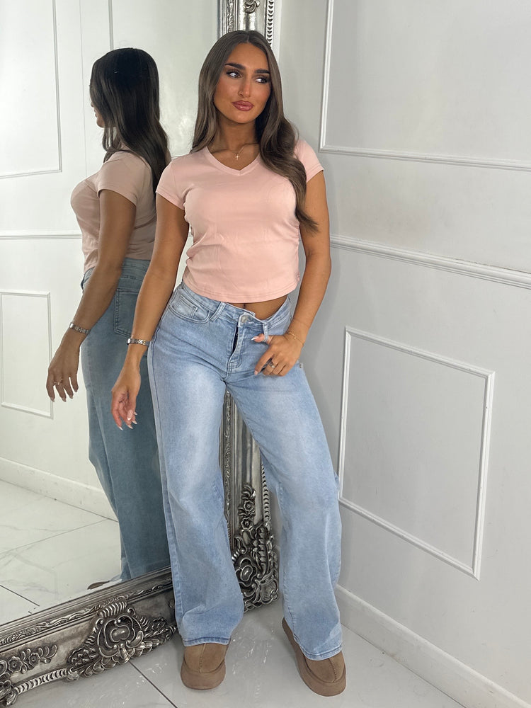 V Neck Short Sleeve Soft Touch Crop Top - Dusky Pink