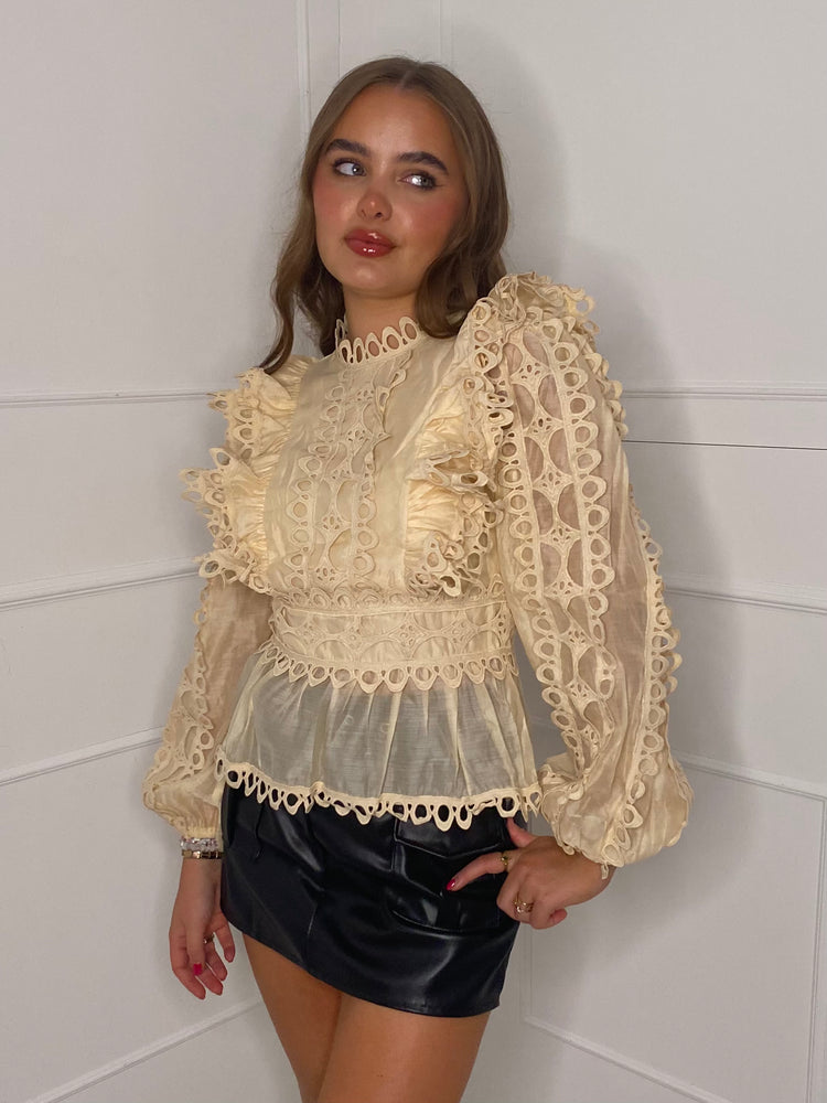 Lace Detail Frill Top - Beige