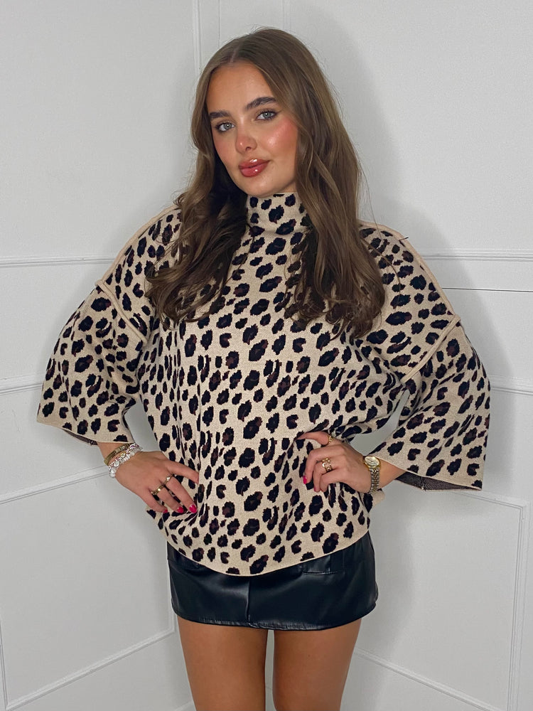 High Neck Boxy Jumper - Leopard Print