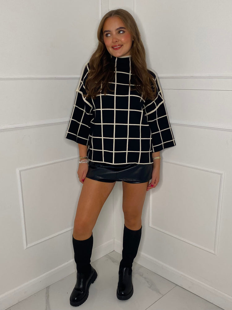 High Neck Boxy Jumper - Black Check
