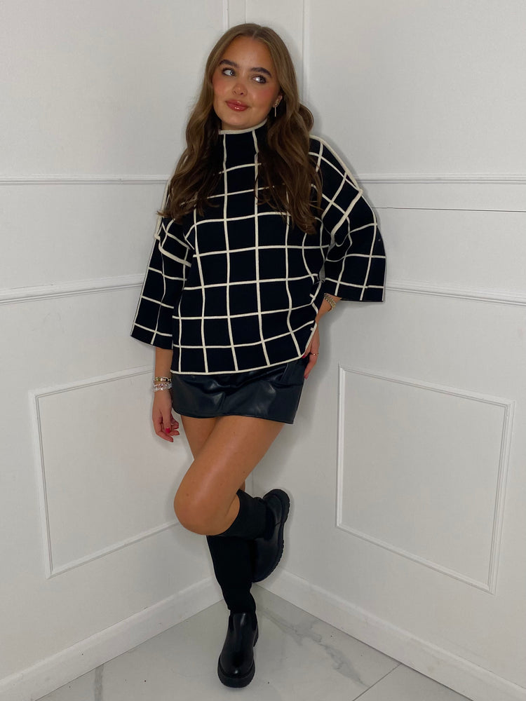 High Neck Boxy Jumper - Black Check