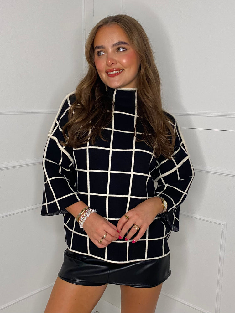High Neck Boxy Jumper - Black Check