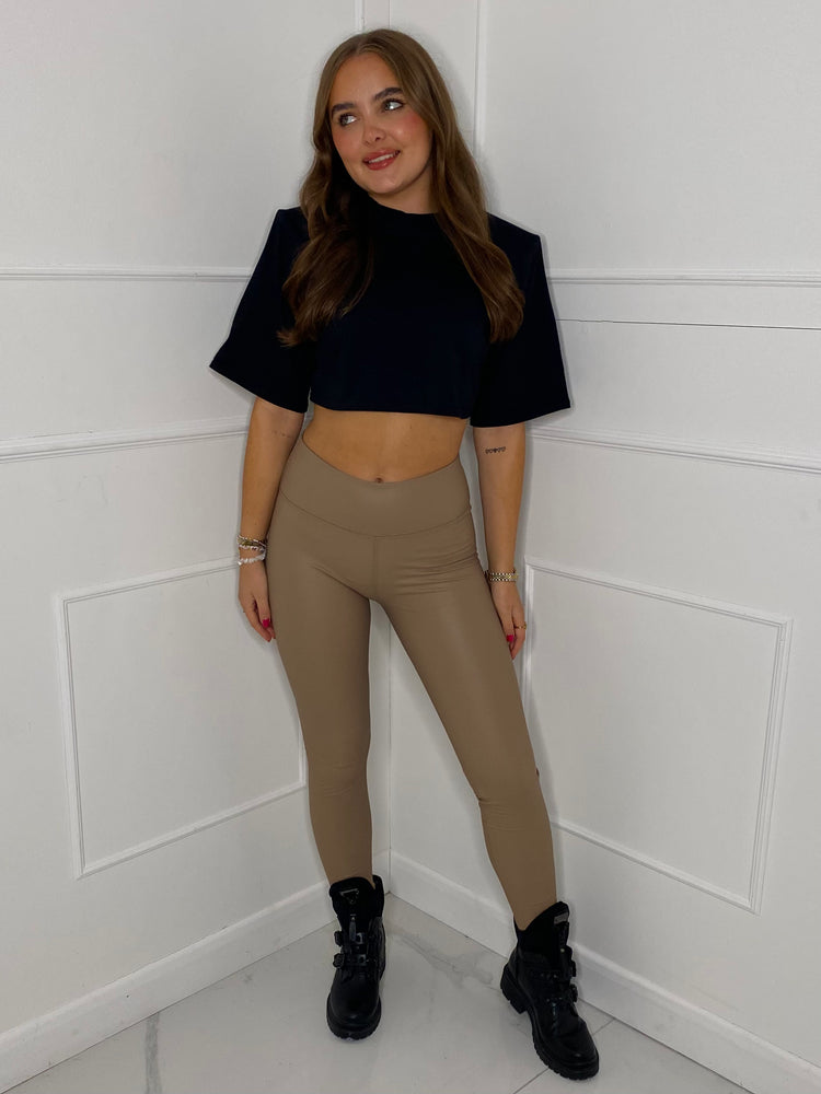Leather Look Leggings - Beige