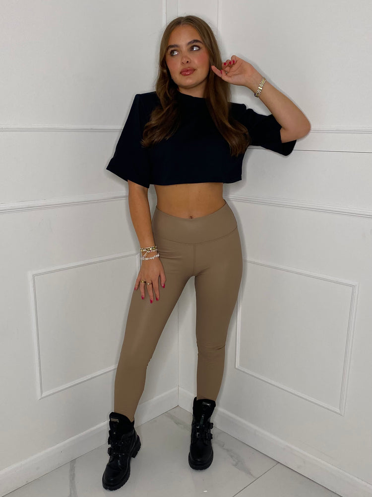 Leather Look Leggings - Beige