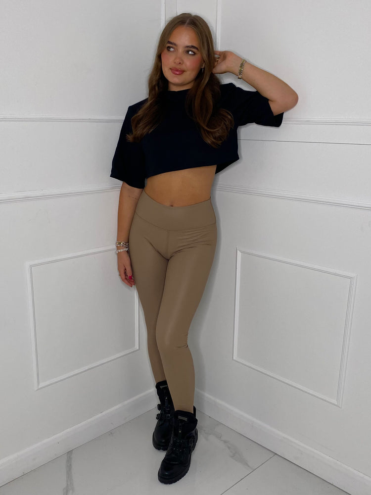 Leather Look Leggings - Beige