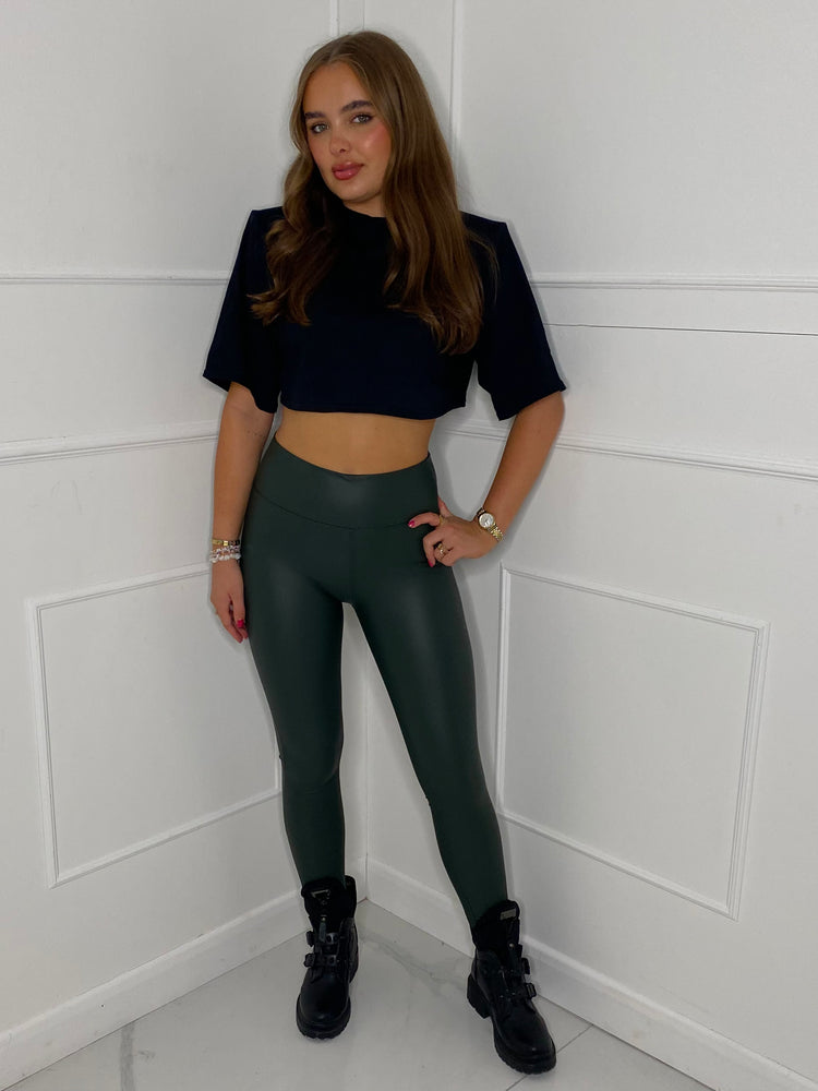 Leather Look Leggings - Khaki
