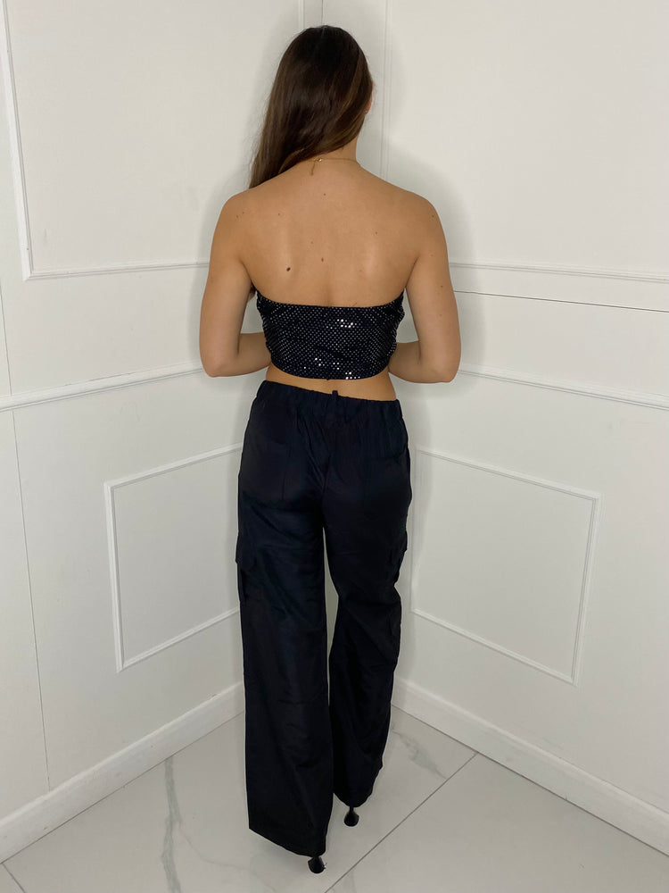 Sequin Zip Up Corset Top - Black Sequin