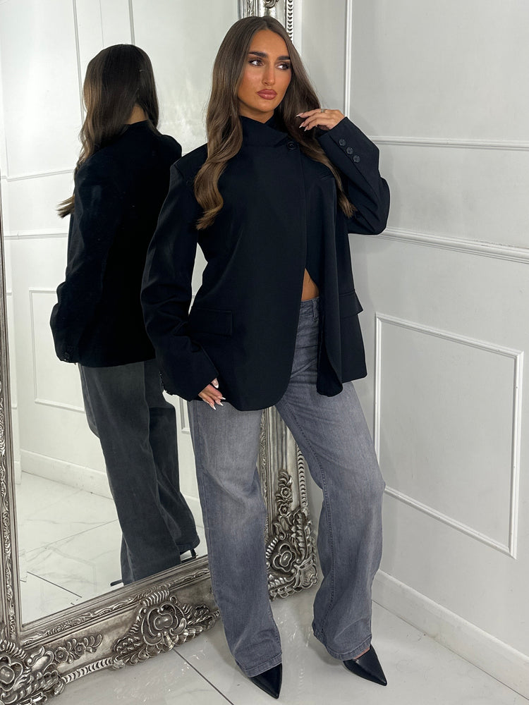 High Neck Button Blazer - Black