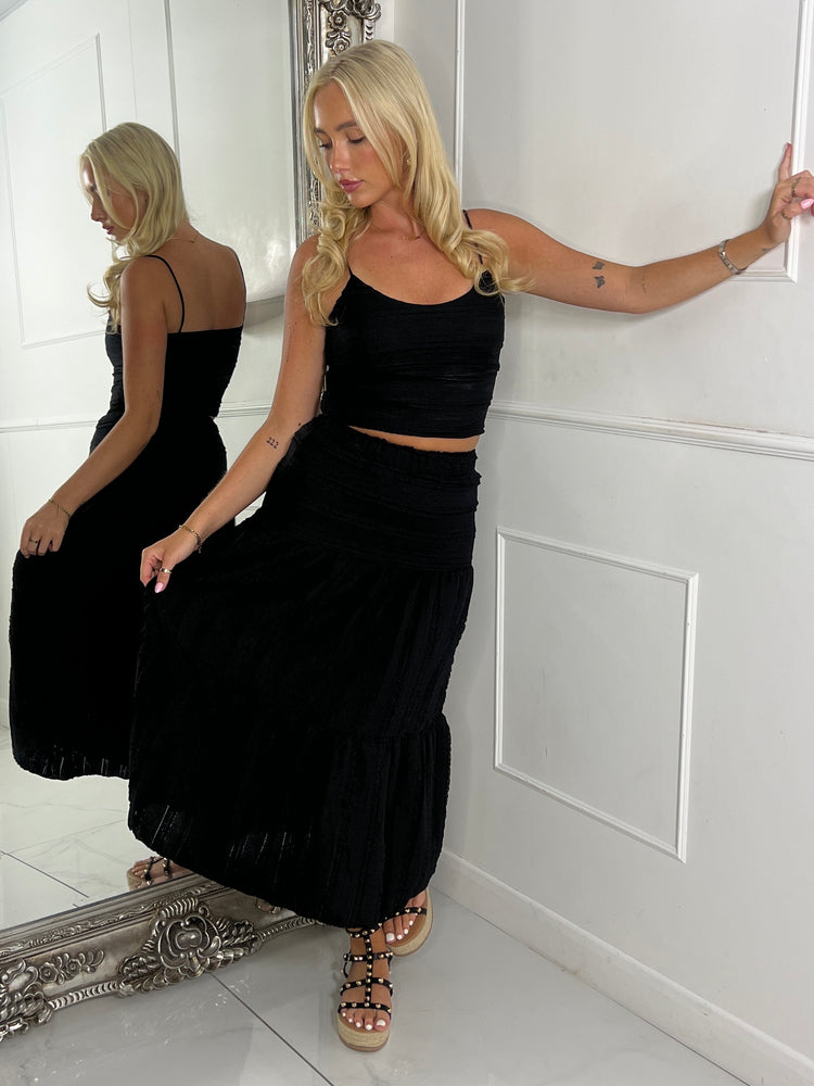 Lace Crochet Strappy Top & Flowy Maxi Skirt Co-ord - Black