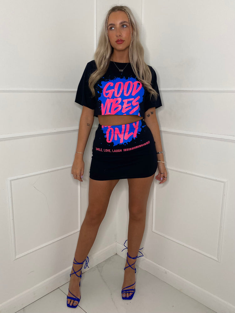 Good Vibes Splatter T-Shirt Co-Ord - Black