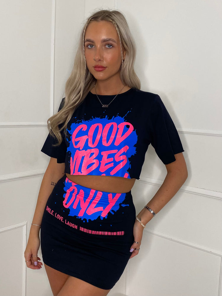 Good Vibes Splatter T-Shirt Co-Ord - Black