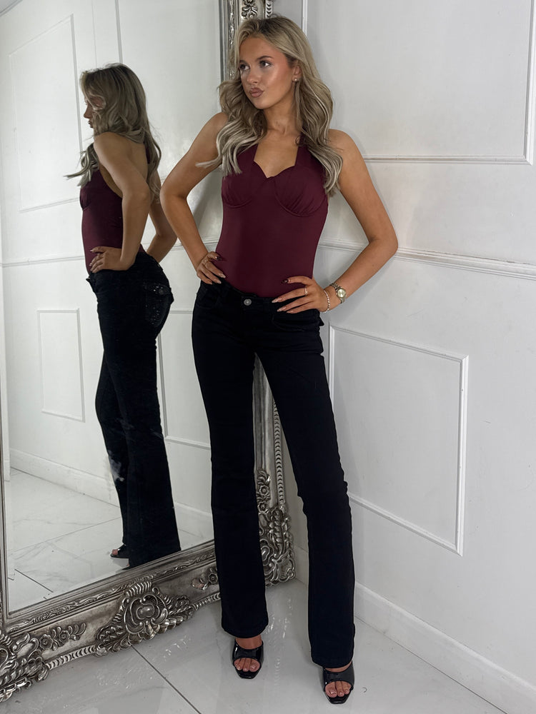 Flared Bottom Diamante Pocket Detail Jeans - Black