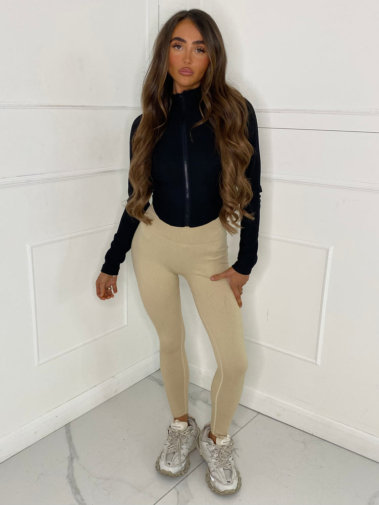 Ribbed Ruched Bum Gym Leggings - Beige