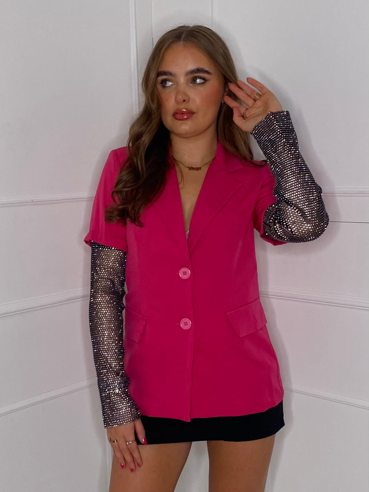 Diamanté Chainmail Sleeve Blazer - Hot Pink