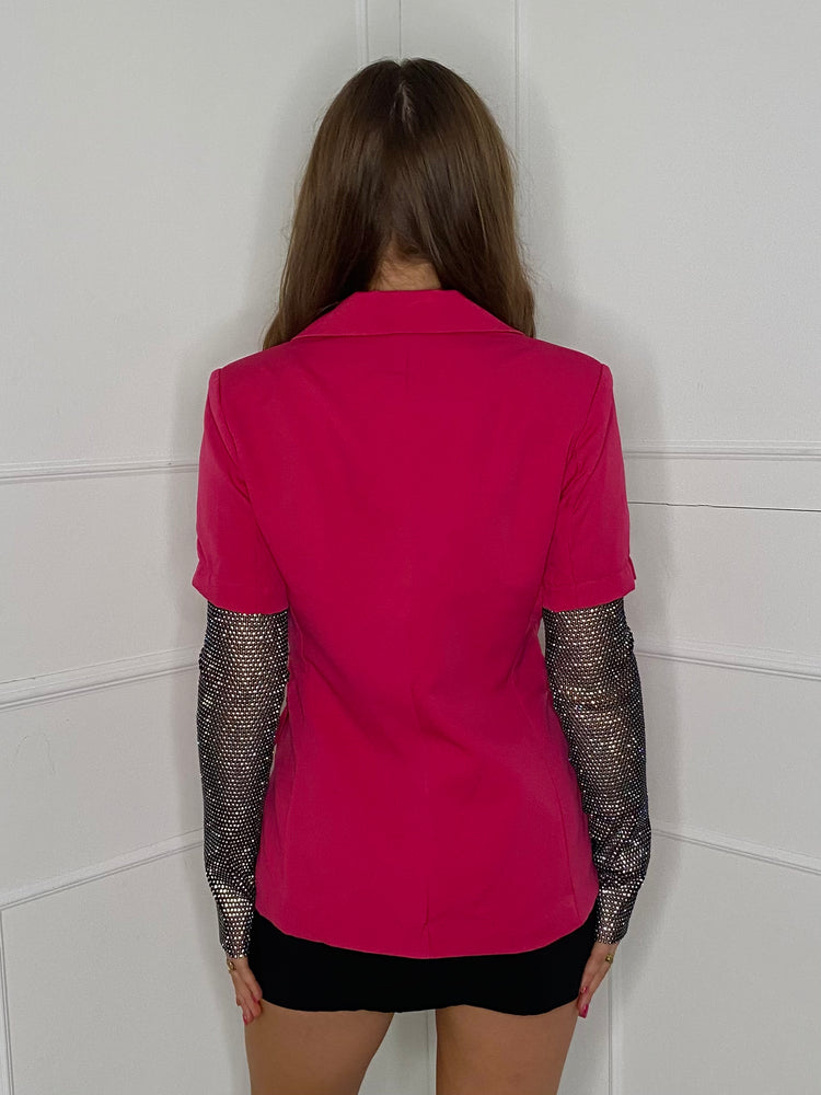 Diamanté Chainmail Sleeve Blazer - Hot Pink