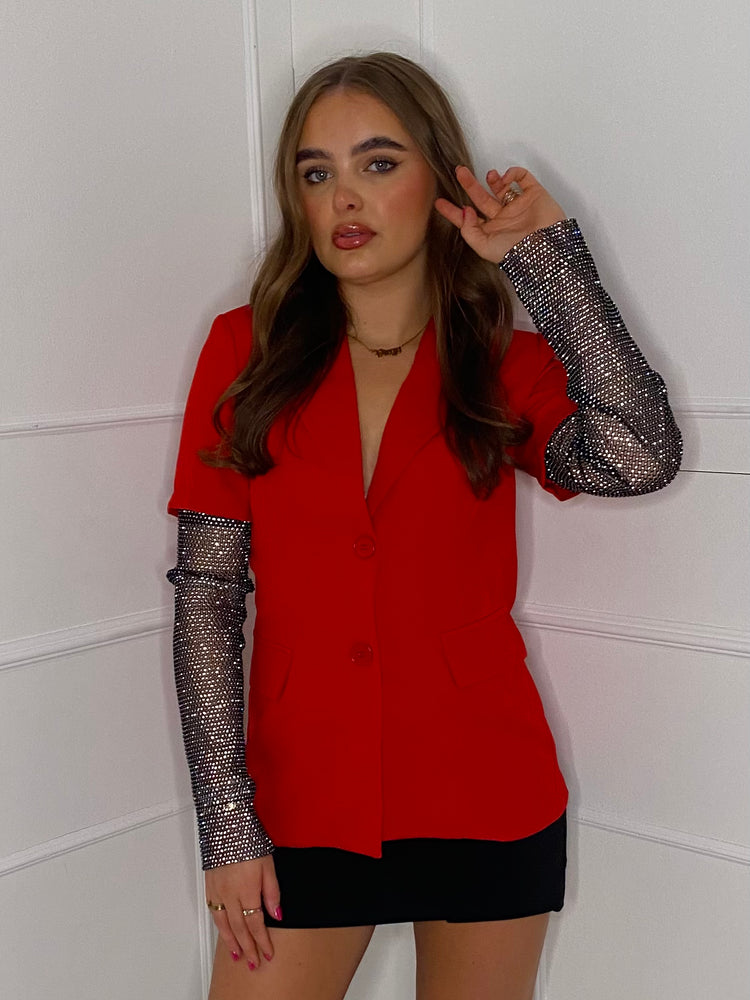 Diamanté Chainmail Sleeve Blazer - Red