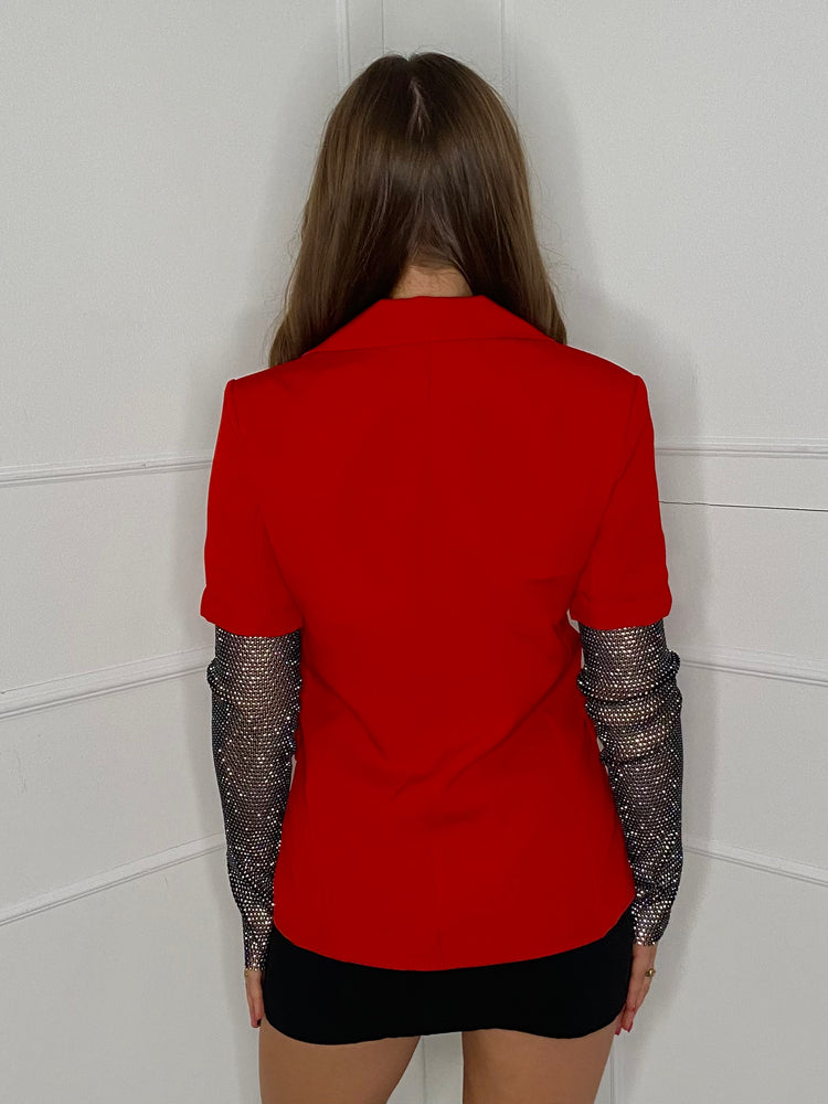 Diamanté Chainmail Sleeve Blazer - Red