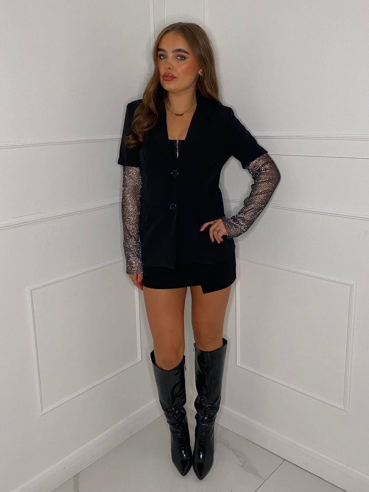 Diamanté Chainmail Sleeve Blazer - Black
