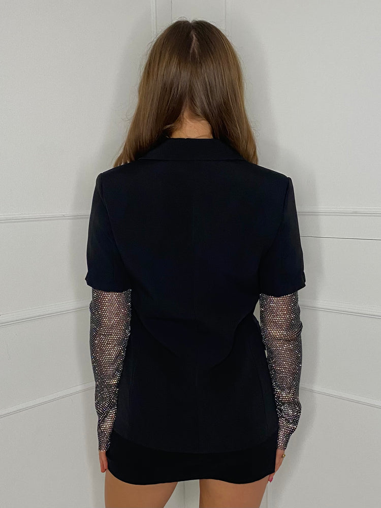 Diamanté Chainmail Sleeve Blazer - Black