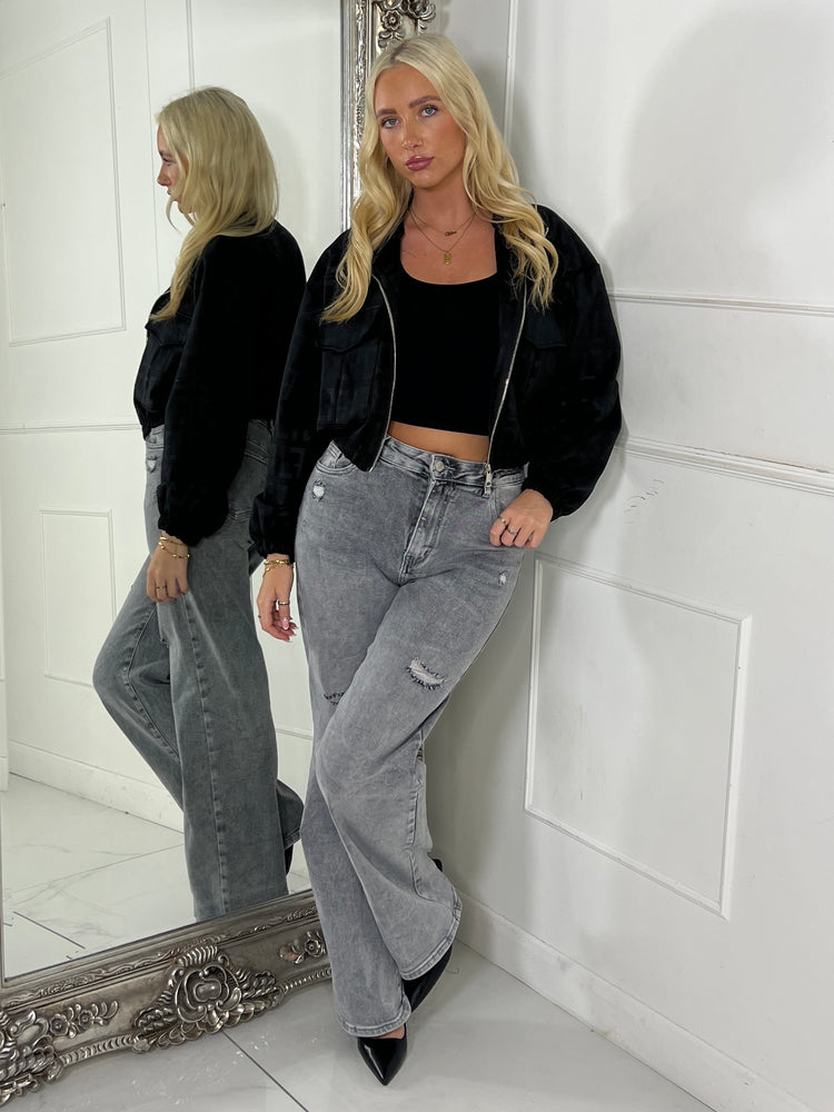 F Printed Effect Crop Pocket Detail Jacket - Black