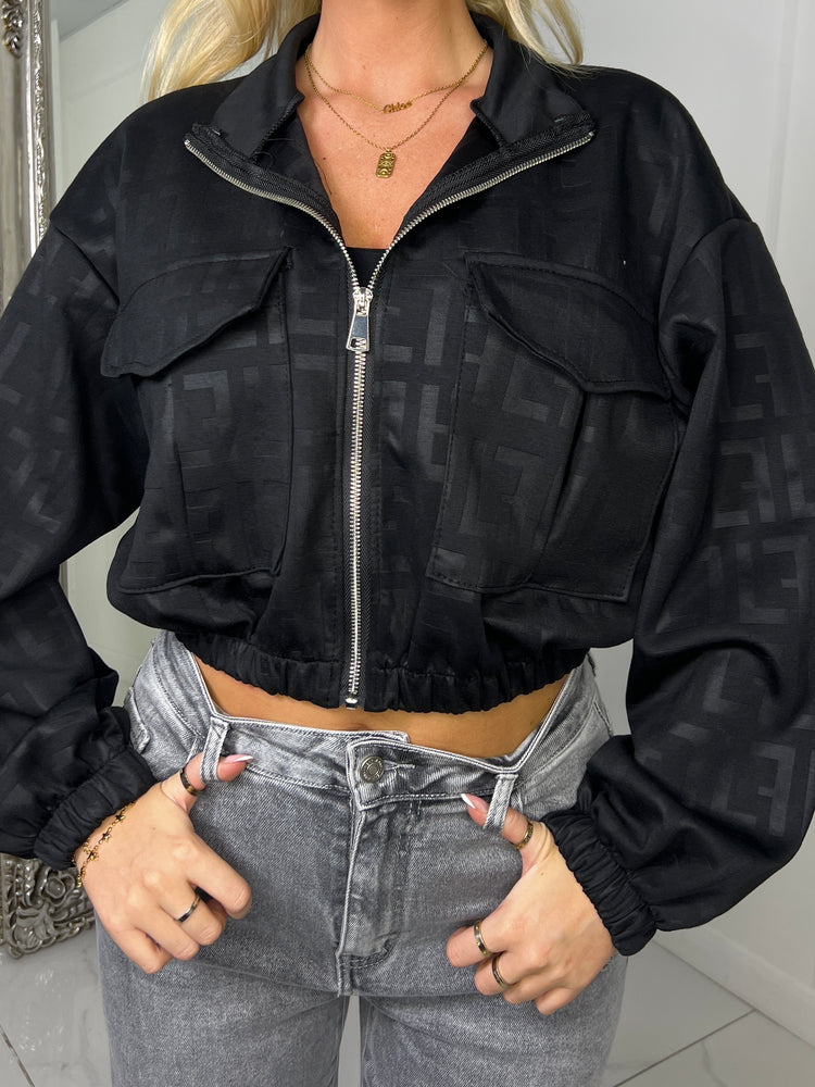 F Printed Effect Crop Pocket Detail Jacket - Black