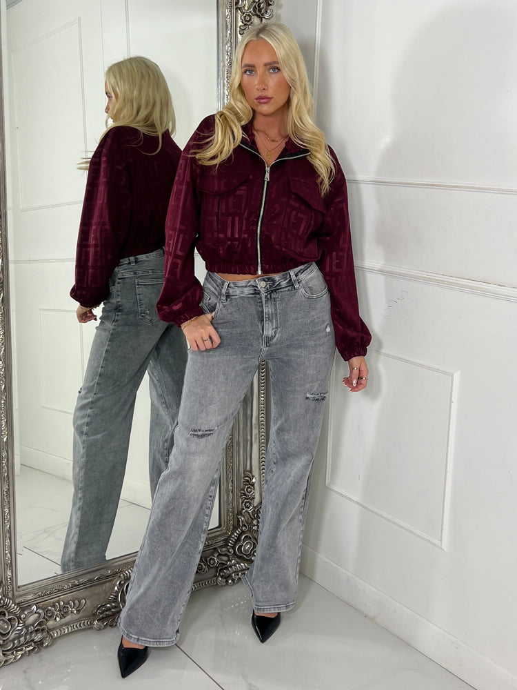 F Printed Effect Crop Pocket Detail Jacket - Wine