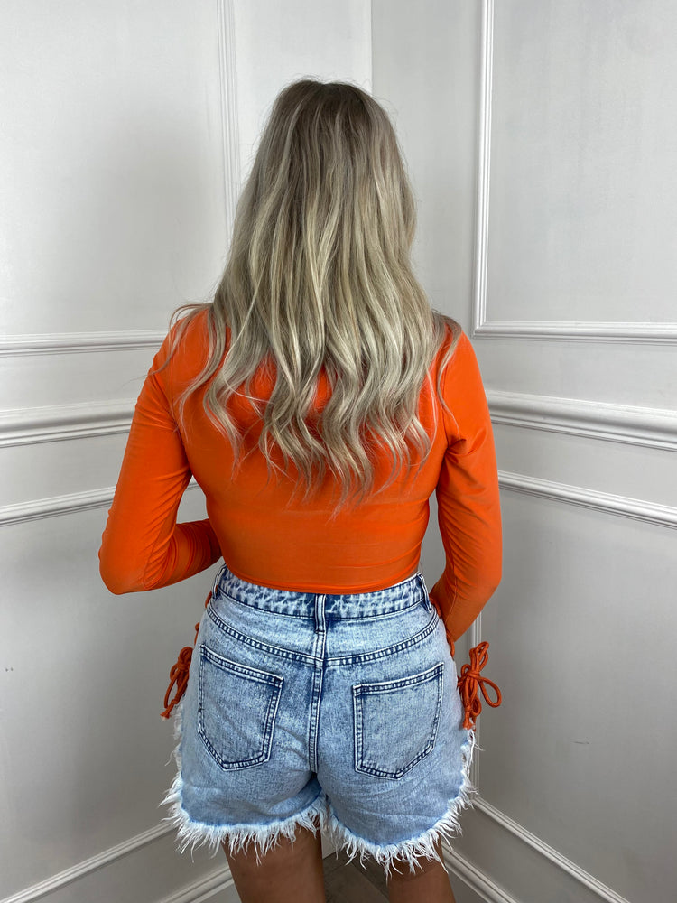 Lace Up String Denim Shorts - Blue/Orange