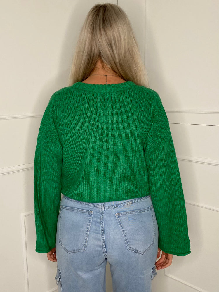 Round Neck Oversized Cropped Jumper - Green