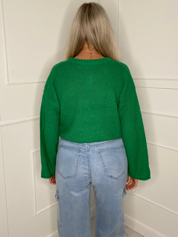 Round Neck Oversized Cropped Jumper - Green