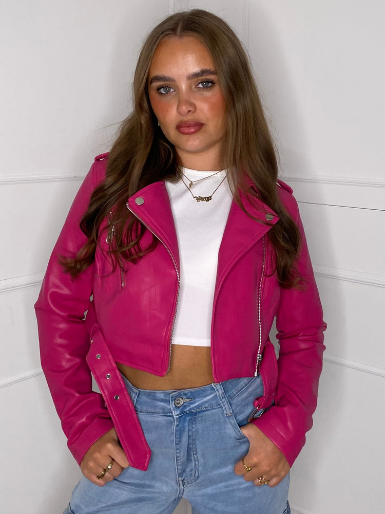 Cropped Pu Leather Jacket - Hot pink