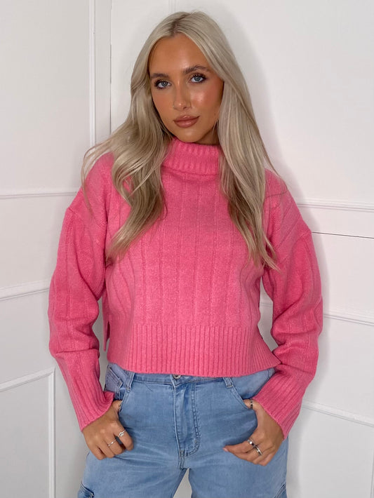 Roll Neck Ribbed Knitted Jumper - Pink