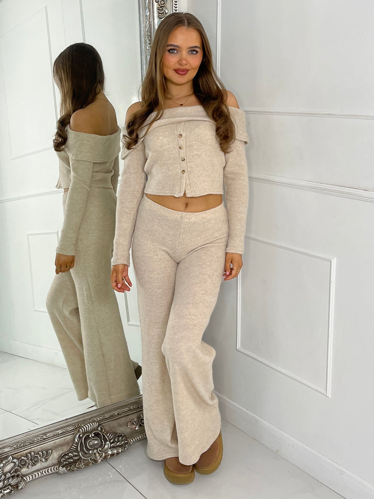 Heavy Rib Off Shoulder Top & Straight Leg Pants - Beige Knit