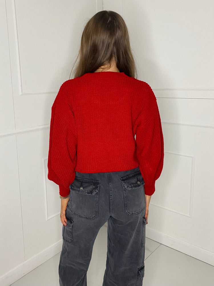 Plain Cropped Knitted Jumper - Red