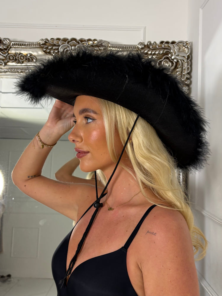 Feather Diamante Cowboy Hat - Black