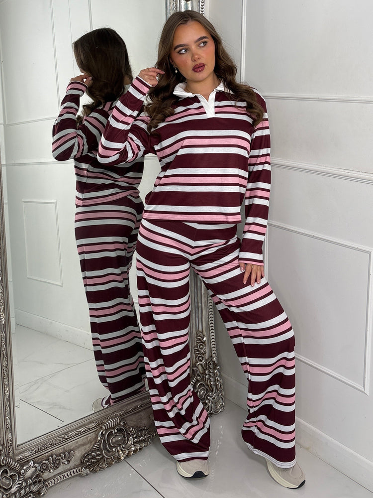 Striped Collared Long Sleeve Top & Wide Leg Pants Co-Ord - Wine/Pink