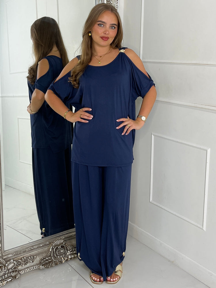 Cut Out Shoulder Batwing Style Top & Flares - Navy Blue