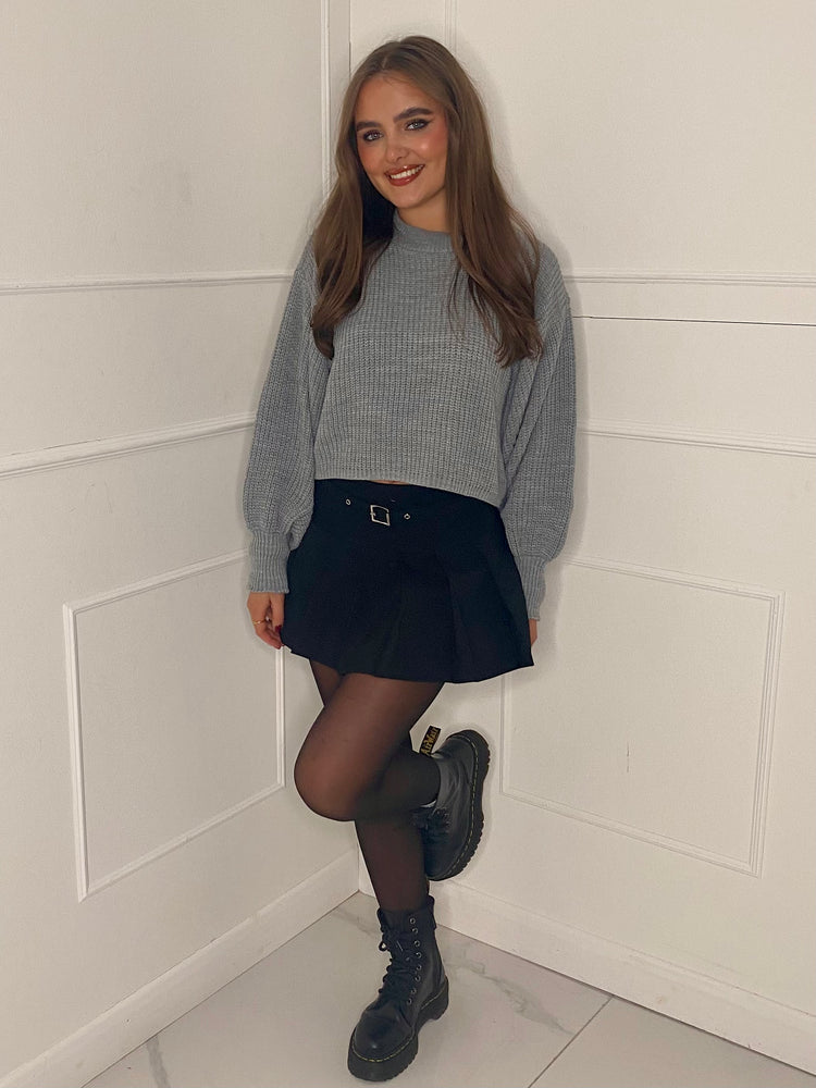 Plain Cropped Knitted Jumper - Grey
