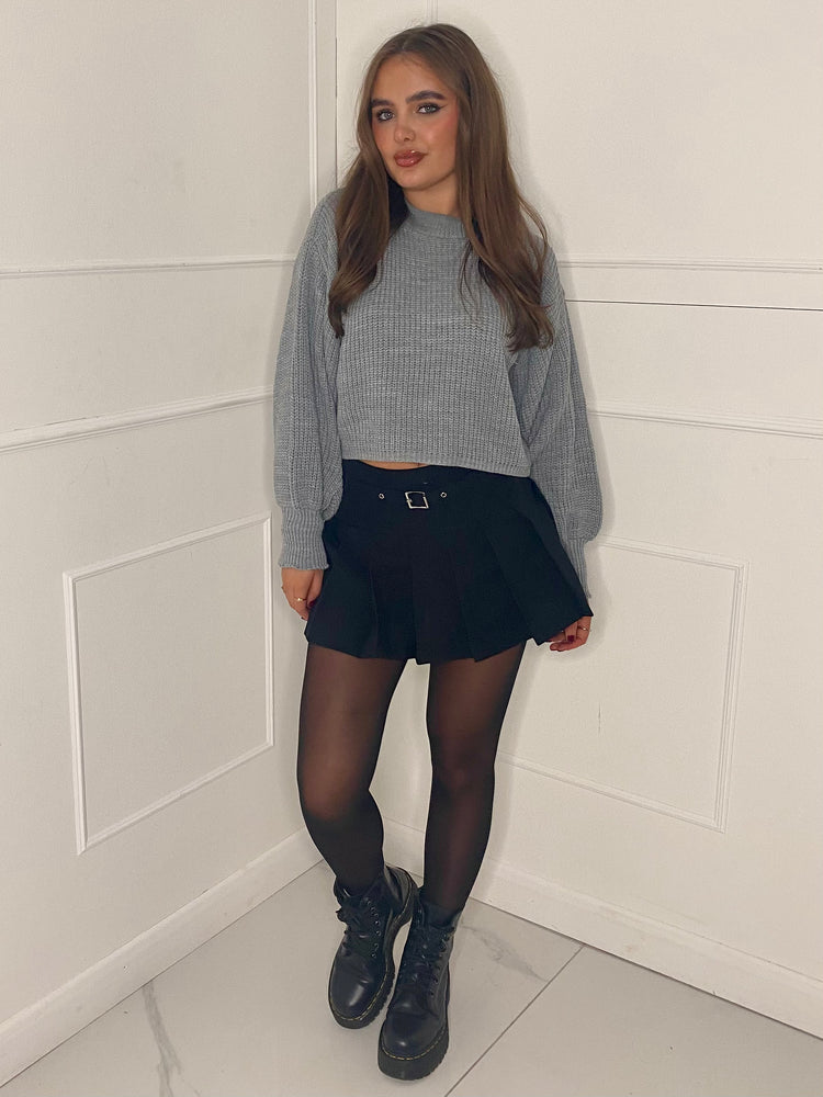 Plain Cropped Knitted Jumper - Grey