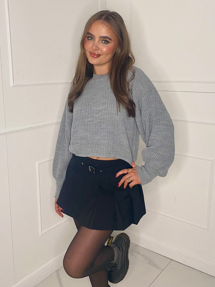 Plain Cropped Knitted Jumper - Grey