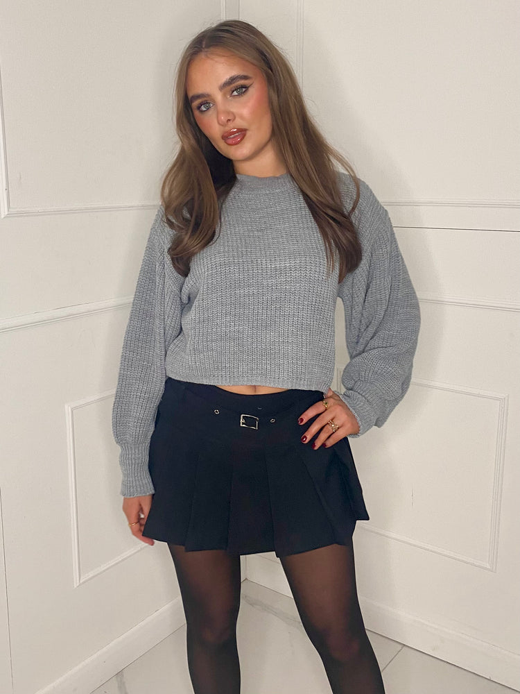 Plain Cropped Knitted Jumper - Grey