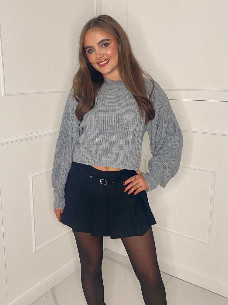 Plain Cropped Knitted Jumper - Grey