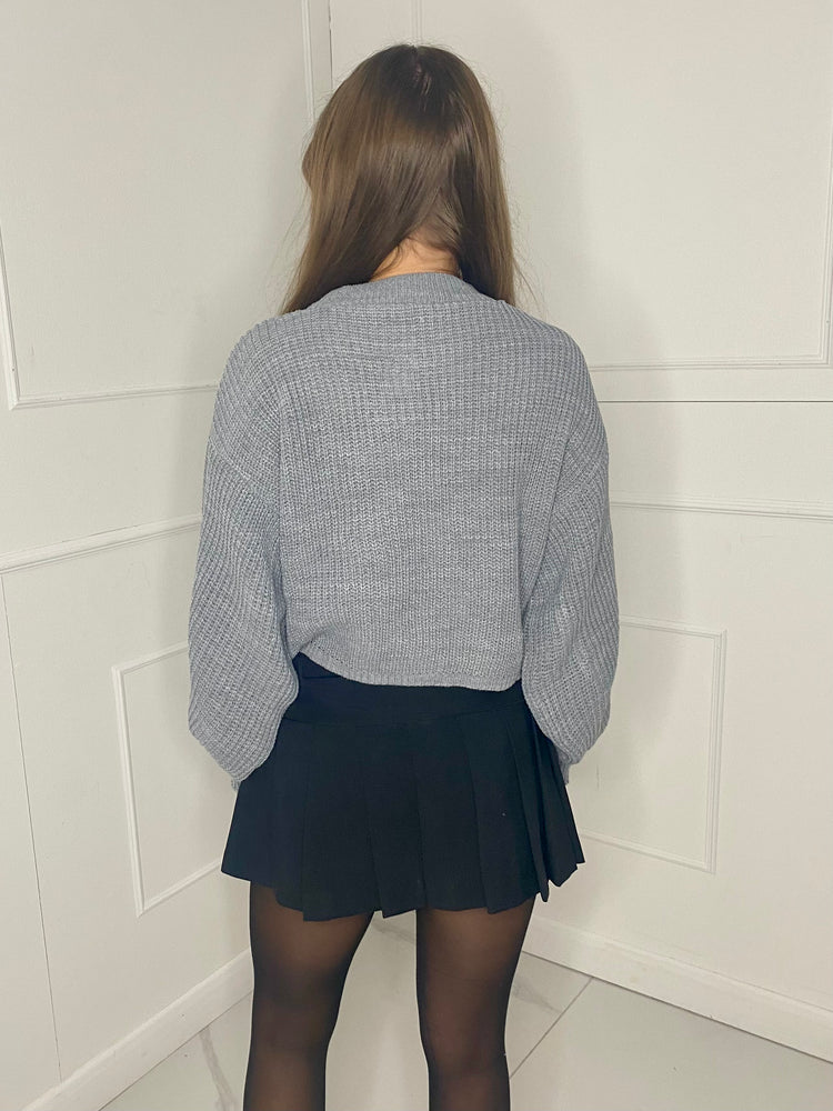 Plain Cropped Knitted Jumper - Grey